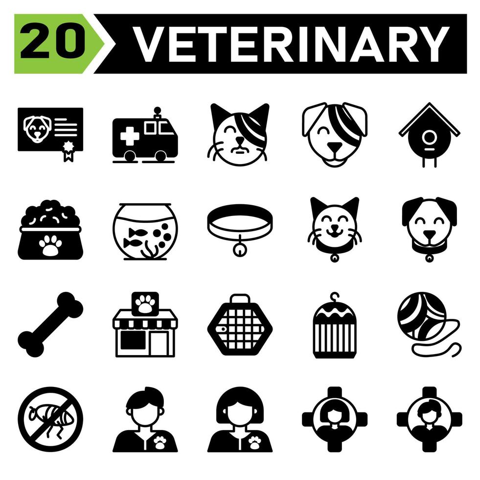 Veterinary icon set include certificate, vaccine, animal, pet, dog , ambulance, car, rescue, pet, animal rescue, bandage, cat, pet, vet, veterinary, bandage, dog, pet, vet, veterinary, birdhouse, nest vector