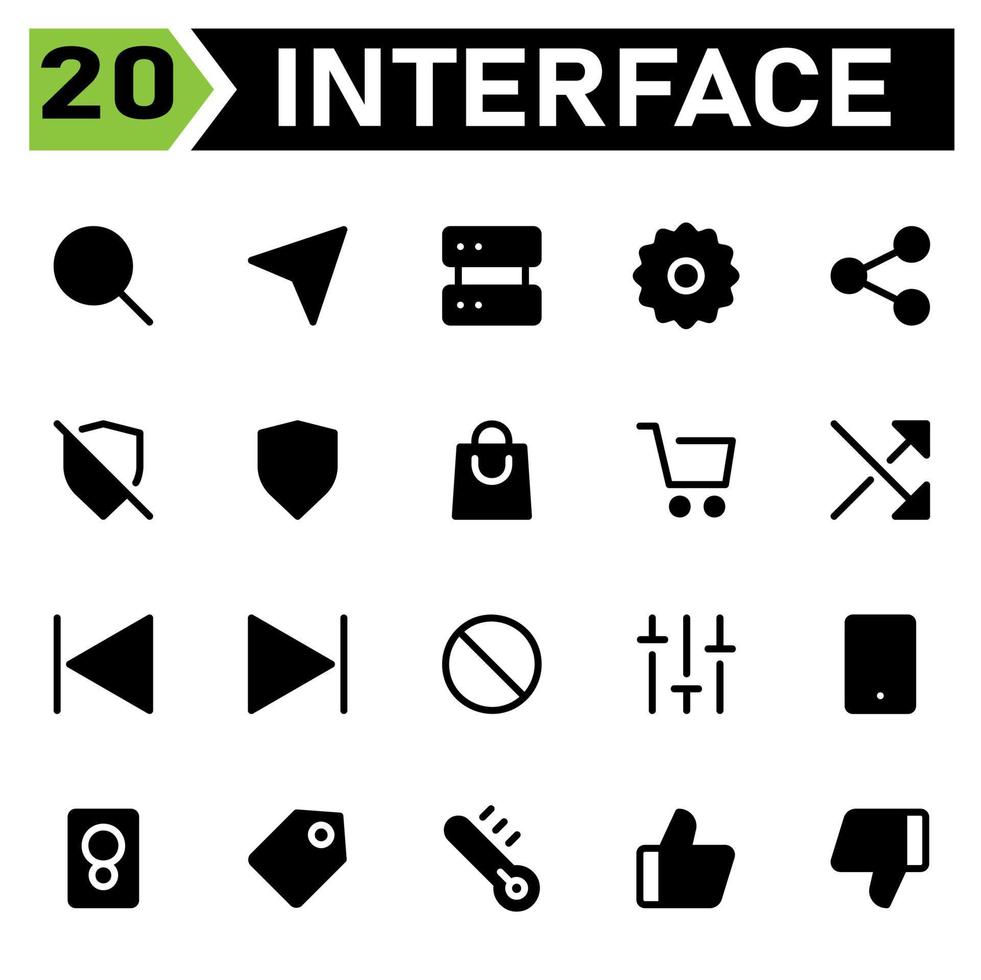 User interface icon set include search, magnifying, zoom, find, user interface, send, email, message, plane, server, database, hosting, setting, gear, preference, share, network, social, sharing vector