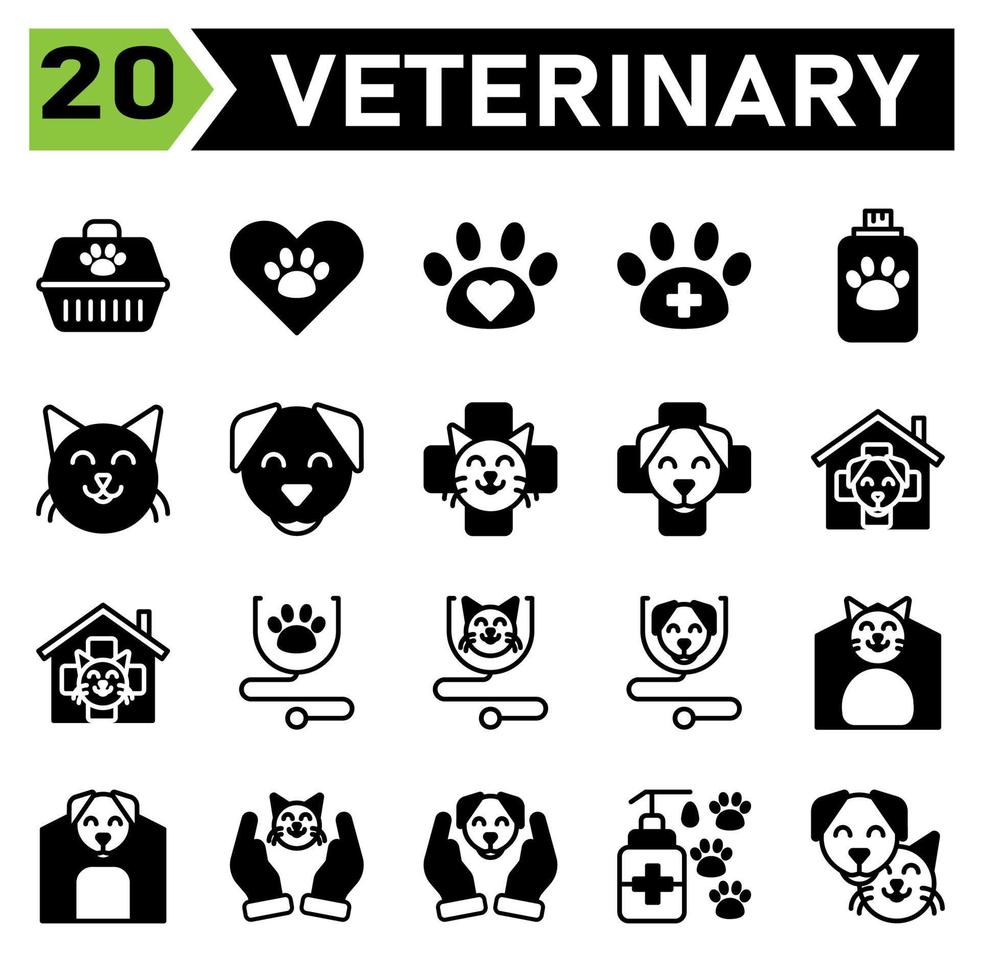 Veterinary icon set include carrier, vet, pet, box, cargo, love, paw, veterinary, clinic, pet care, animal lover, care, medic, shampoo, soap, grooming, cat, face, kitten, emoticon, dong, canine, puppy vector