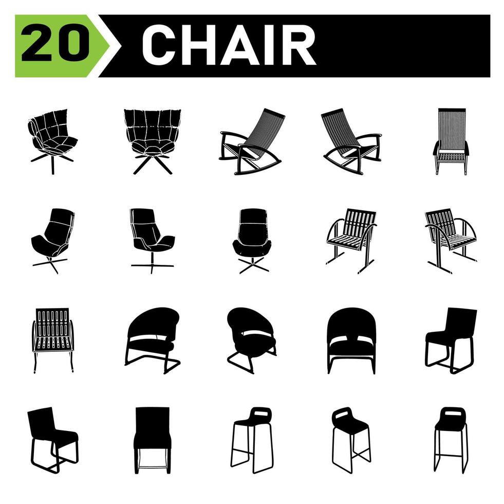 el conjunto de iconos de silla incluye silla, oficina, moderno, sillón, muebles, interior, conjunto, vector, aislado, hogar, colección, blanco, asiento, cómodo, escribir, casa, sentarse, diseño, negocios, habitación, icono vector