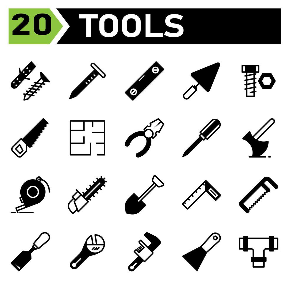 Tools construction icon set include screw, self tapping, bolt, self fastening, construction, nail, tools, carpenter, building, water pass, level, shovel, trowel, cement, equipment, work,bold,tool,saw vector