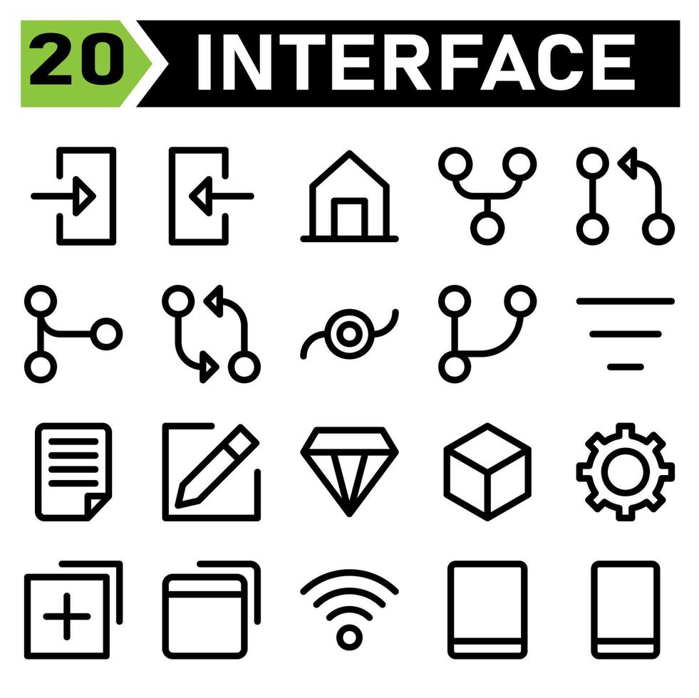 User interface icon set include log, in, account, access, enter, user interface, out, house, home, building, menu, forked, git, request, pull, merge, compare, commit, branch, filter, center vector