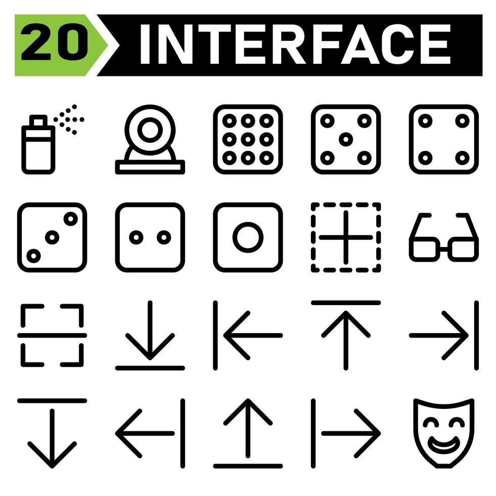 User interface icon set include spray, can, aerosol, bottle, user interface, web cam, camera, cam, record, dice, game, casino, gamble, leisure, border, inner, layout, excel, glasses, read, view vector