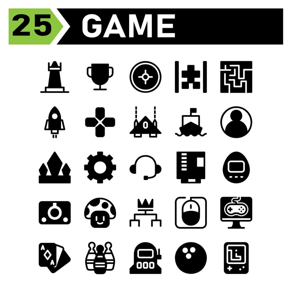 Play Game icon set include chess, game, strategy, piece, player, trophy, champion, award, cup, target, sniper, aim, shoot, car, classic, arcade, phone, maze, play, brain, rocket, spaceship, switch vector