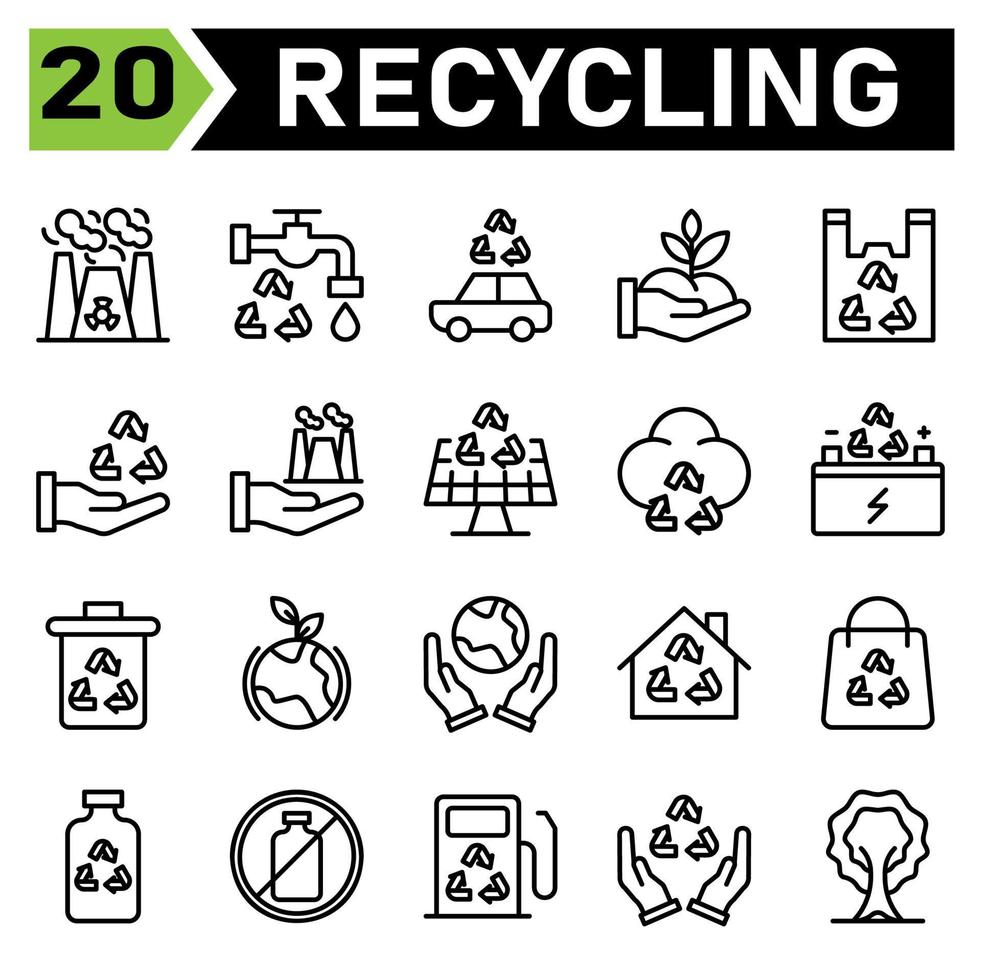 Ecology and Recycle icon set include recycling, waste, material, shield, protect, chemistry, science, battery, charging, station, electric, charger, house, solar, panel, home, thermometer, warming vector