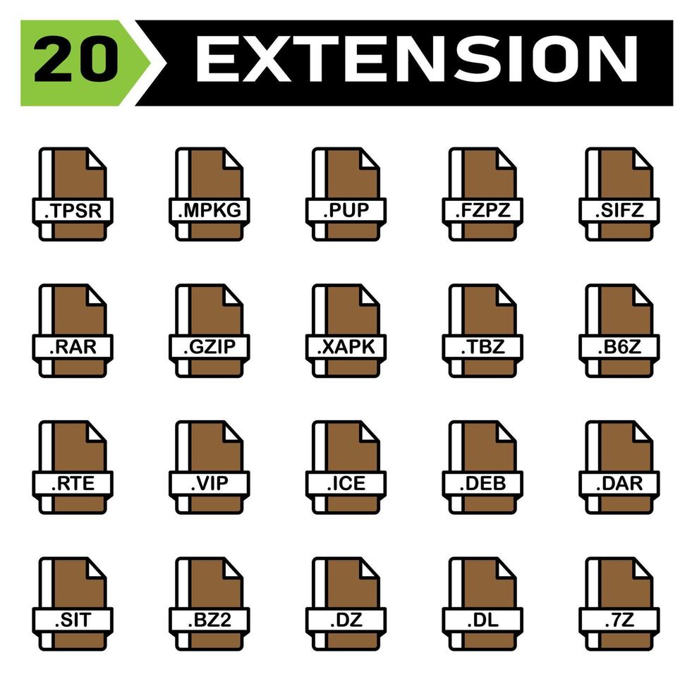 File extension icon set include tpsr, mpkg, pup, fzpz, sifz, rar, gzip, xapk, tbz, b6z, rte, vip, ice, deb, dar, sit, bz2, dz, dl, 7z, file, document vector