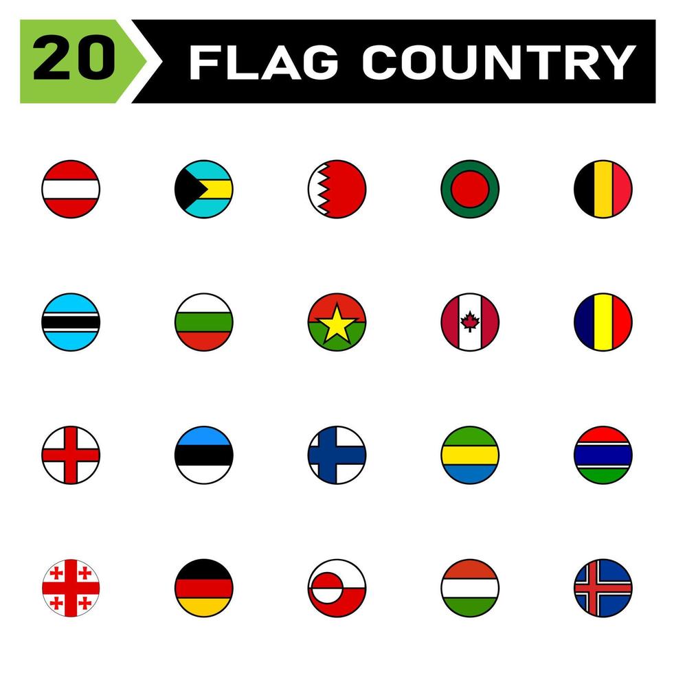 el conjunto de iconos de bandera de país incluye bandera, país, austria, símbolo, bahamas, bahrein, bangladesh, bélgica, botswana, bulgaria, burkina, canadá, chad, inglaterra, estonia, finlandia, gabón, gambia, georgia vector