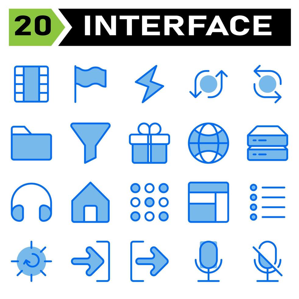 User interface icon set include film, movie, roll film, video, cinema, flag, symbol, national, country, sign, flash, lightning, thunder, light, flip, shuffle, repeat, arrow, arrows, folder, paper vector