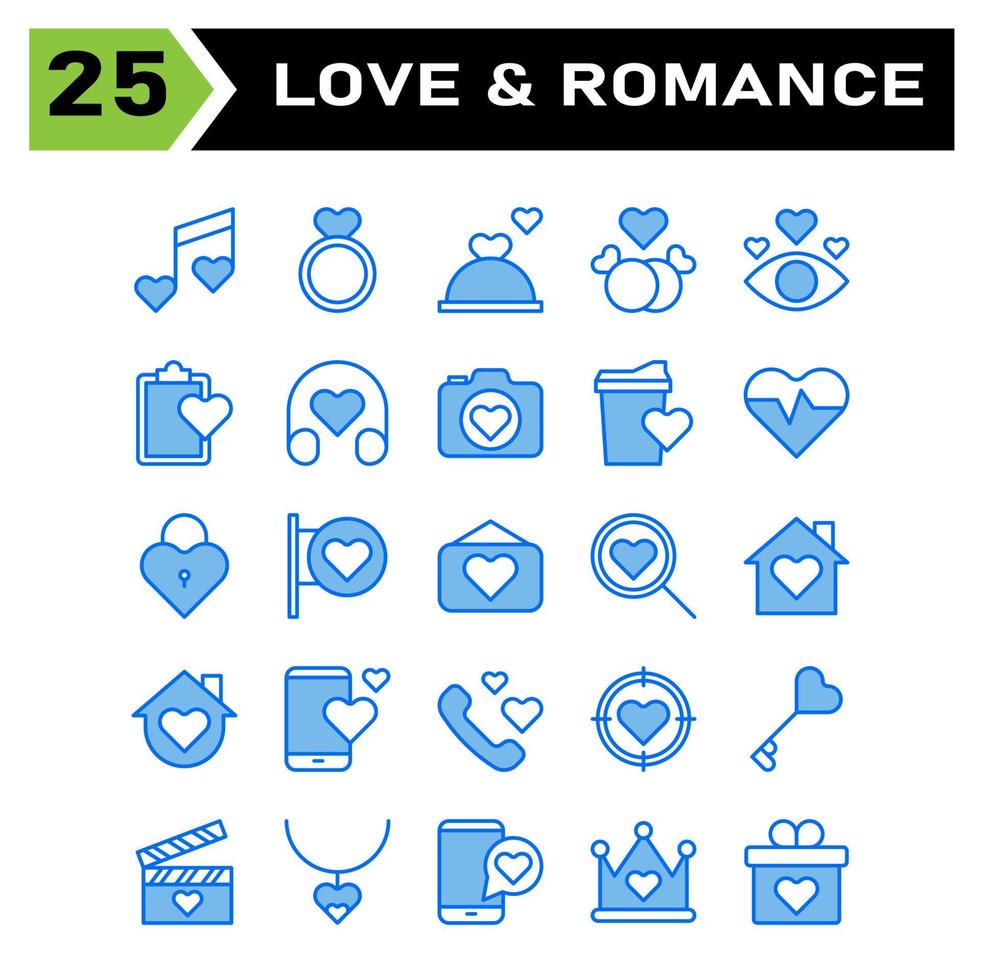 Love and romance icon set include song, music, wedding, heart, love, jewelry, ring, marriage, cooking, restaurant, dinner, birthday, couple, romance, eye, list, headphone, camera, documentation vector