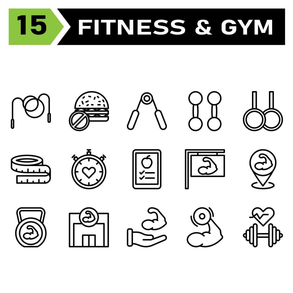 el conjunto de iconos de salud y fitness incluye cuerda, salto, salto, saludable, fitness, gimnasio, hamburguesas, sin comida, insalubre, comida, dieta, pinzas, pinzas, mano, culturismo, levantamiento, peso, aeróbicos, ejercicio vector