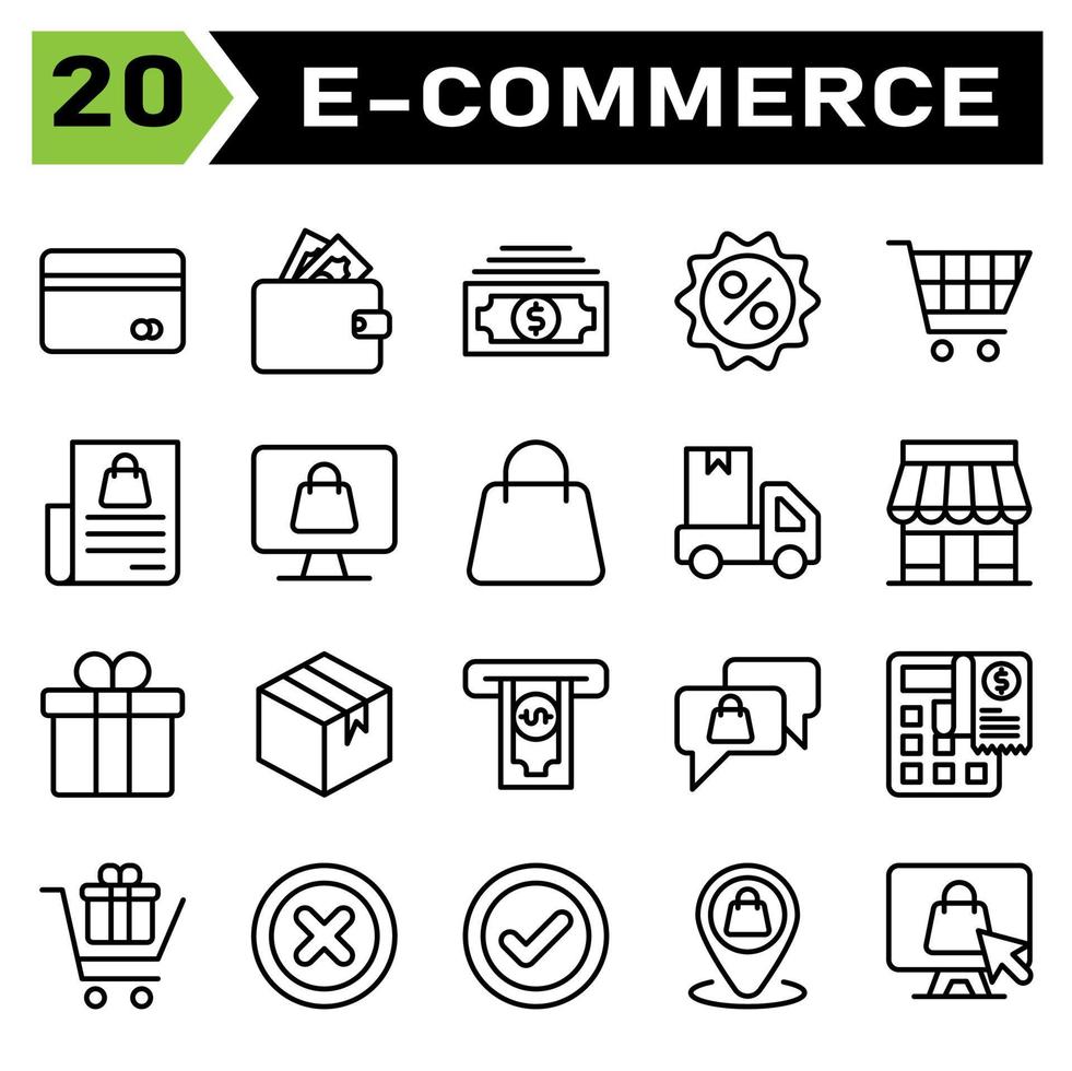 E commerce icon set include e commerce, money, wallet, finance, dollar, discount, price, sale, percent, trolley, buy, chart, shopping, bill, computer, cart, shop, online, bag, truck, delivery, car vector