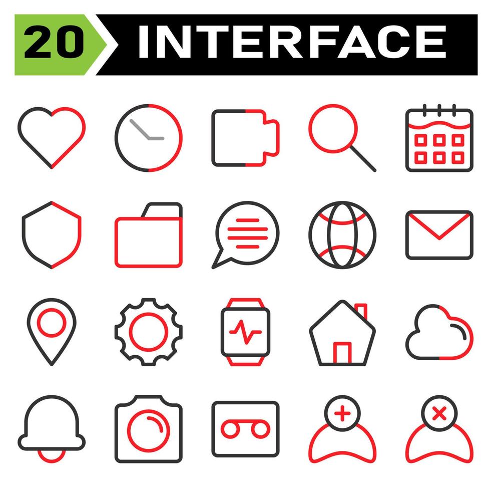 User interface icon set include love, heart, favorite, like, user interface, clock, time, hour, stopwatch, movie, film, video, play, multimedia, find, search, zoom, calendar, date, schedule, shield vector