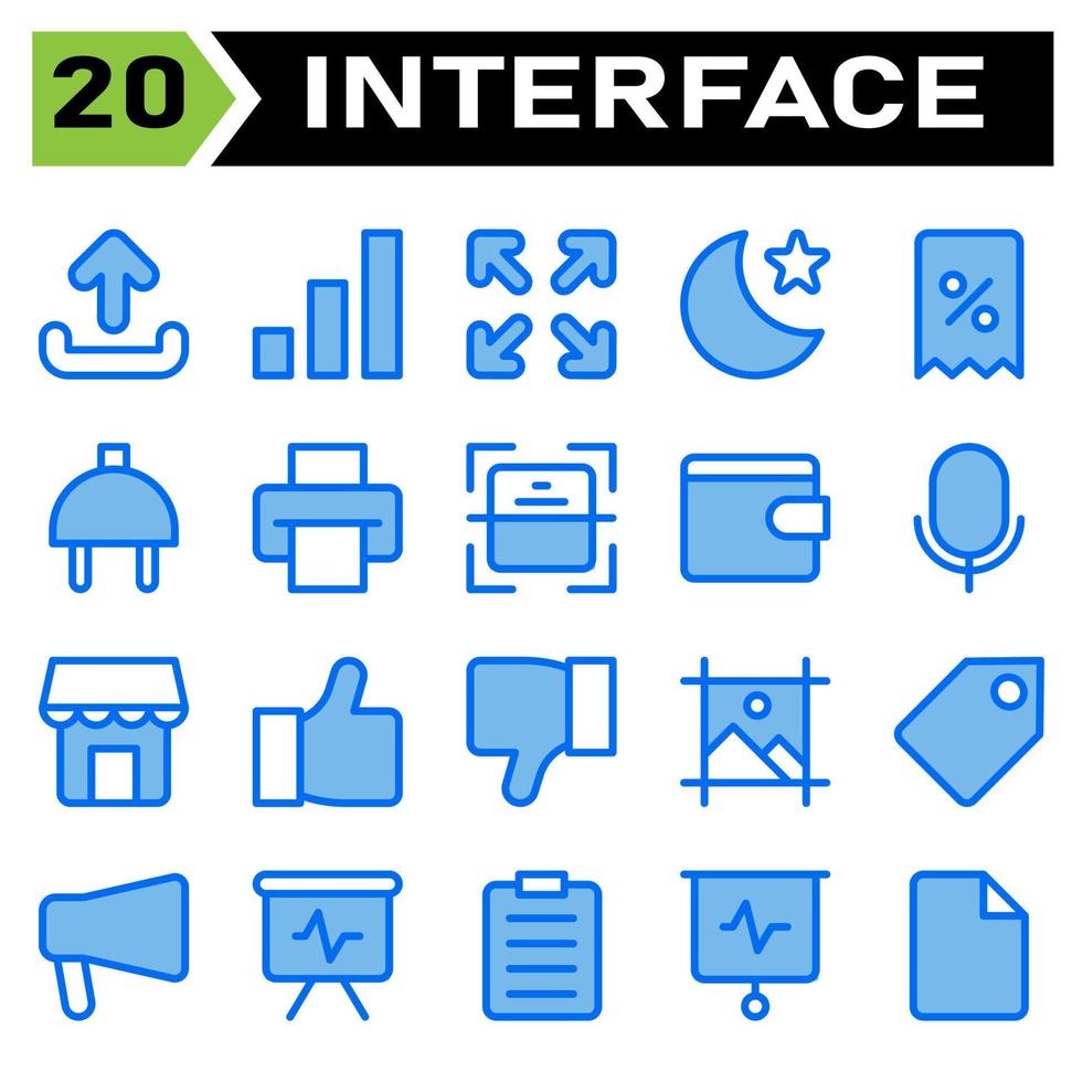 User interface icon set include upload, sign, element, user interface, application, signal, barr, full screen, user interaction, arrows, night, mode, moon, star, app, discount, voucher, e commerce vector