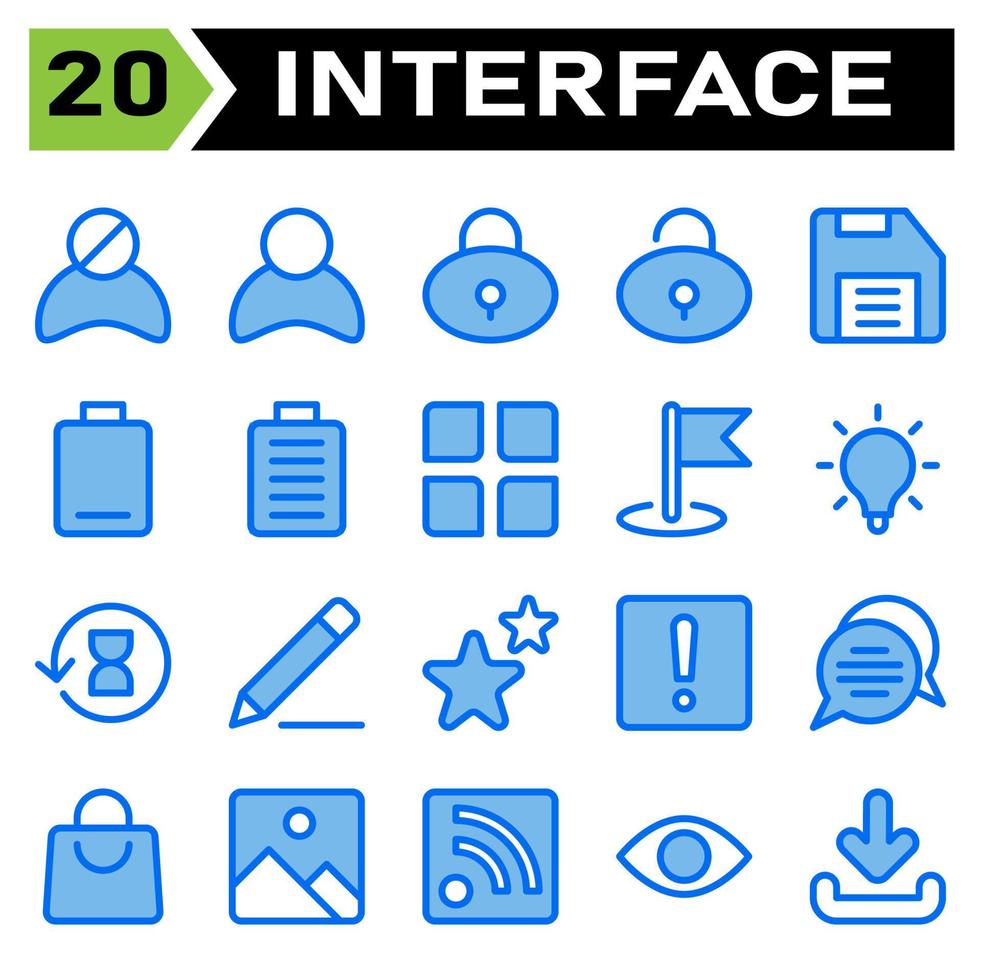 User interface icon set include block, user, avatar, user interface, padlock, lock, protection, unlock, save, drive, floppy disk, empty, low, battery, full, menu, app, flag, flags, pin vector