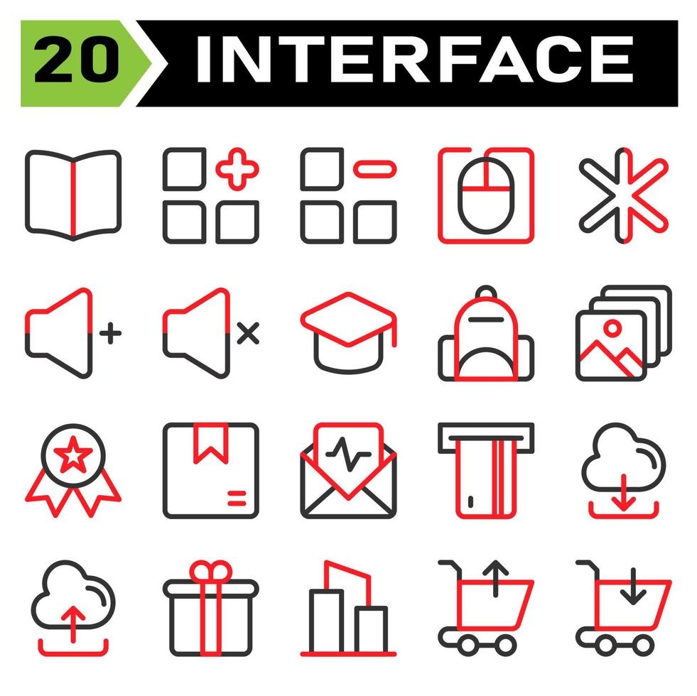 User interface icon set include book, guide, manual, read, instruction, menu, add, new, apps, category, remove, delete, mouse, computer, cursor, user interface, asterisk, multiple, star, favorite vector