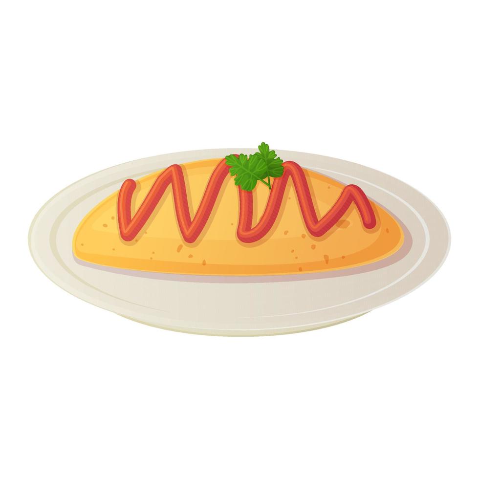 Japanese omelette Omurice dish. Asian food illustration isolated on white in cartoon style vector