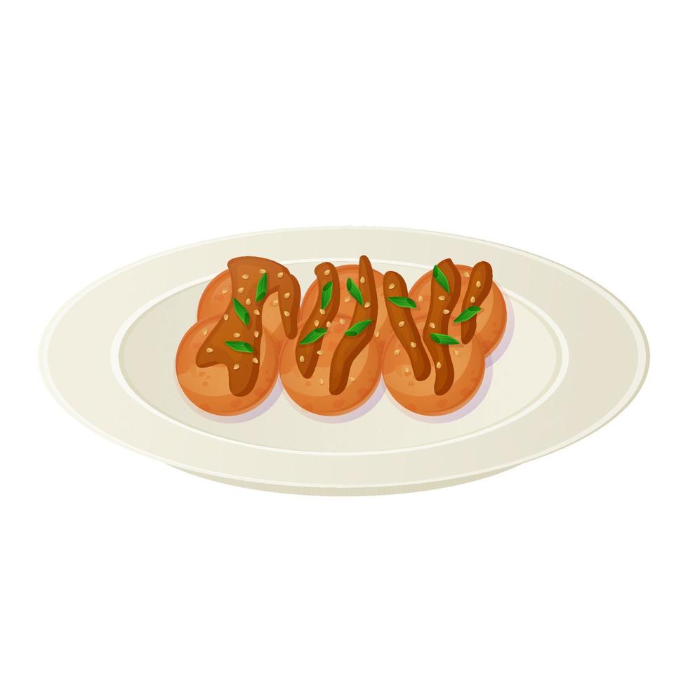 Japanese Takoyaki dish on a plate. Asian food illustration isolated on white background in cartoon style. vector