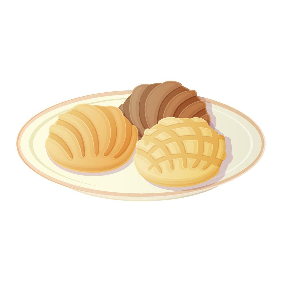 plato de concha de bollo dulce mexicano. ilustración de comida latinoamericana aislada en blanco en estilo de dibujos animados vector