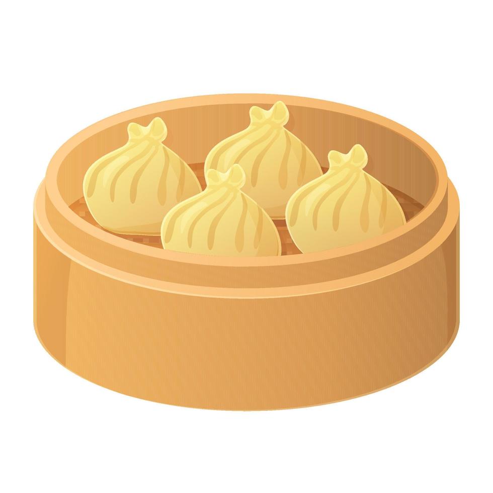 Chinese Dim sum set in a bamboo basket Asian food illustration isolated on white in cartoon style. vector