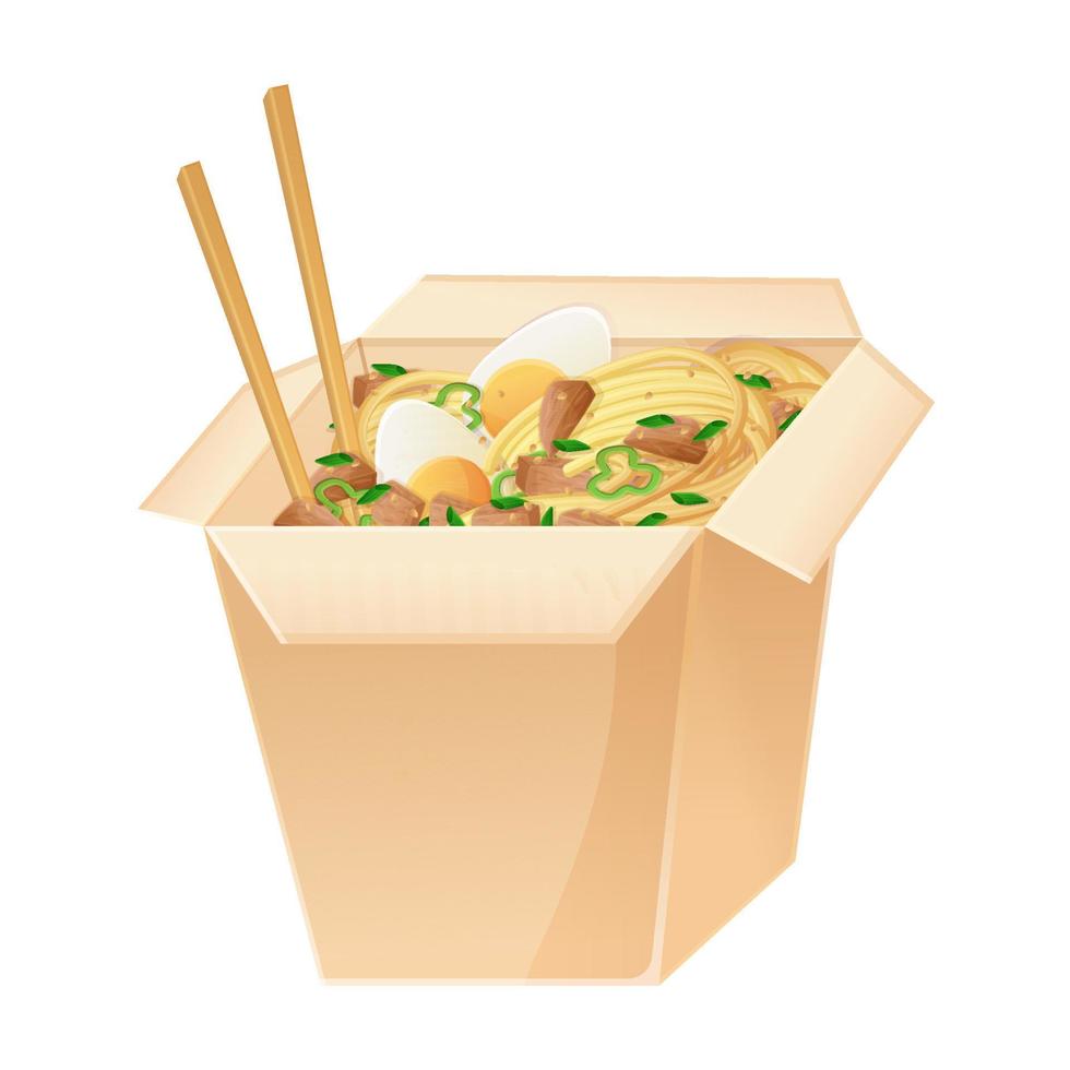 caja de wok de fideos de comida asiática. cocina china o japonesa en estilo de dibujos animados vector