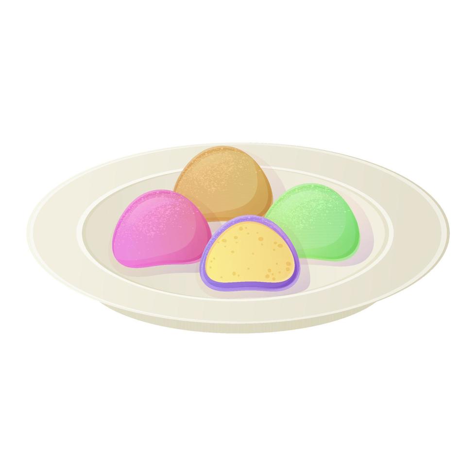 mochi japonés en un plato. ilustración de comida asiática aislada sobre fondo blanco en estilo de dibujos animados. vector