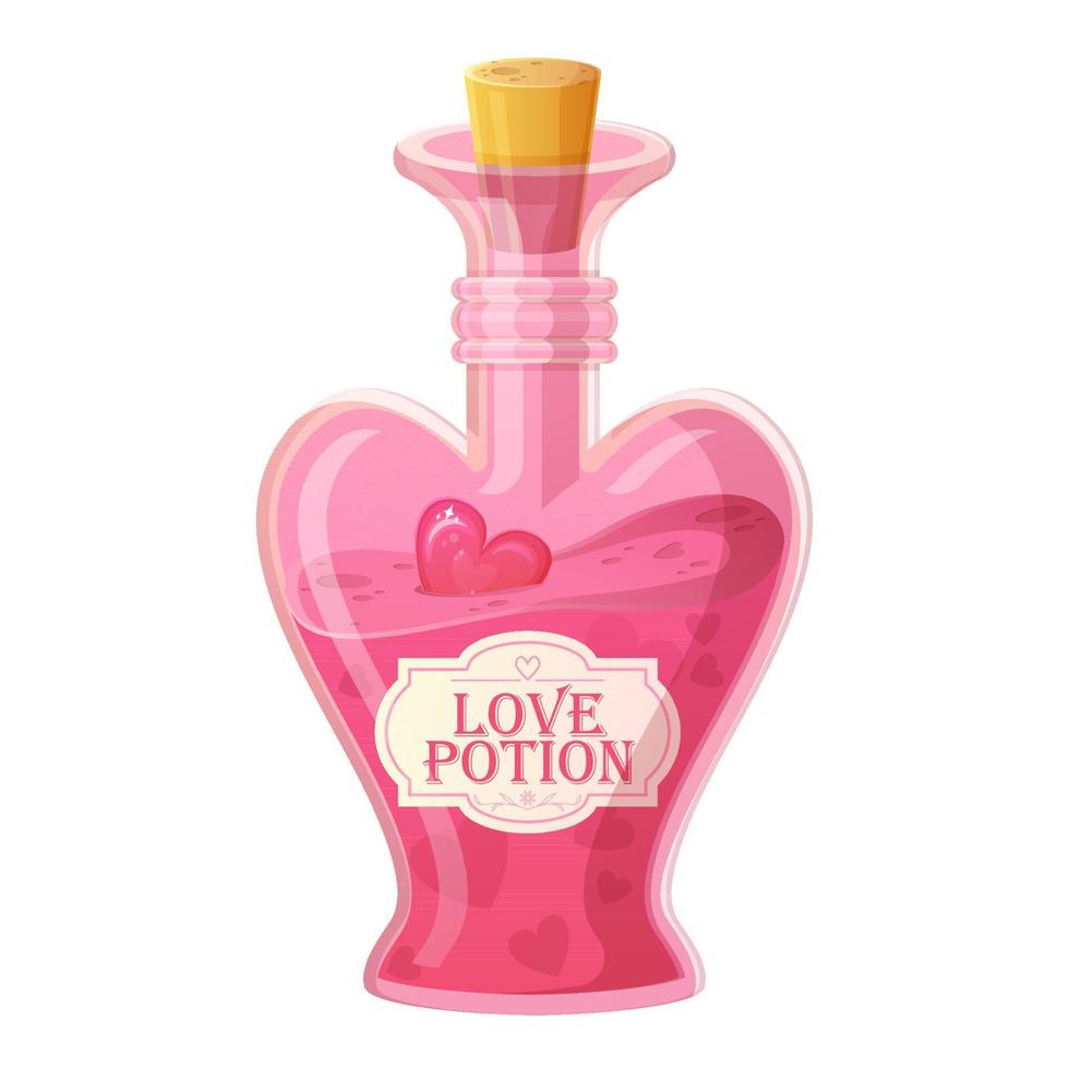 Pink Love potion bottle. Glass heart shaped bottle with cork. Romance elixir, alchemy, rpg game icon concept vector