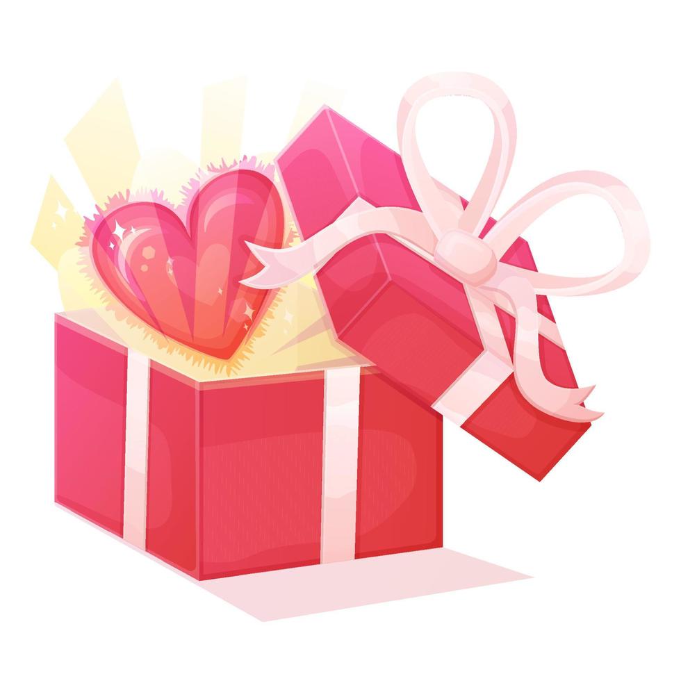 Opened red box with shining heart inside and with white ribbon bow on top. Illustration isolated on white background in realistic cartoon style. vector