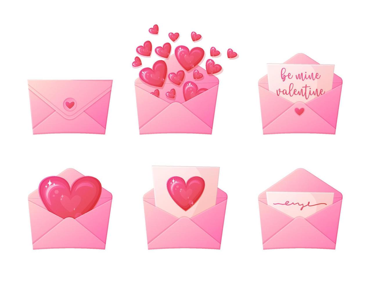 Set of love letters. Open and close envelope with hearts. Stock vector illustration in flat cartoon style isolated on white background.