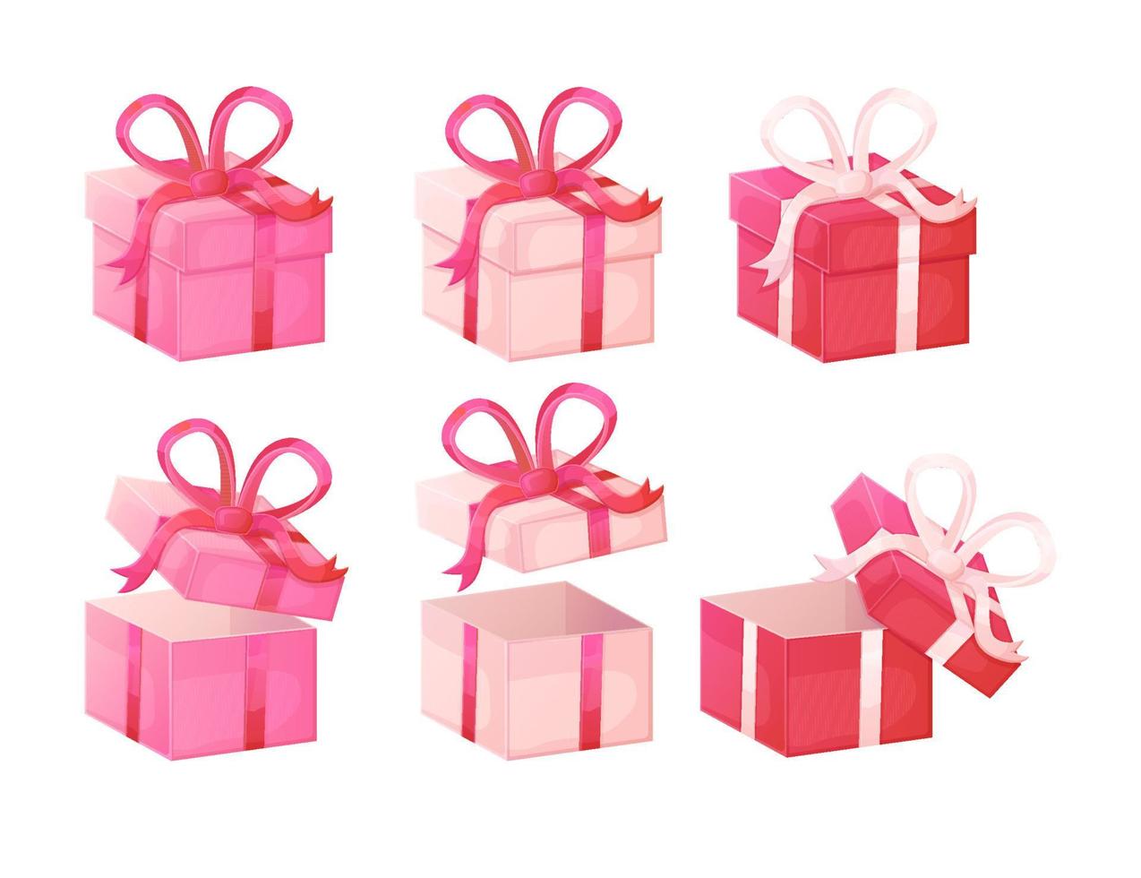 Closed and opened pink and red boxes with red, white ribbon bows. Illustration isolated on white background in realistic cartoon style. vector