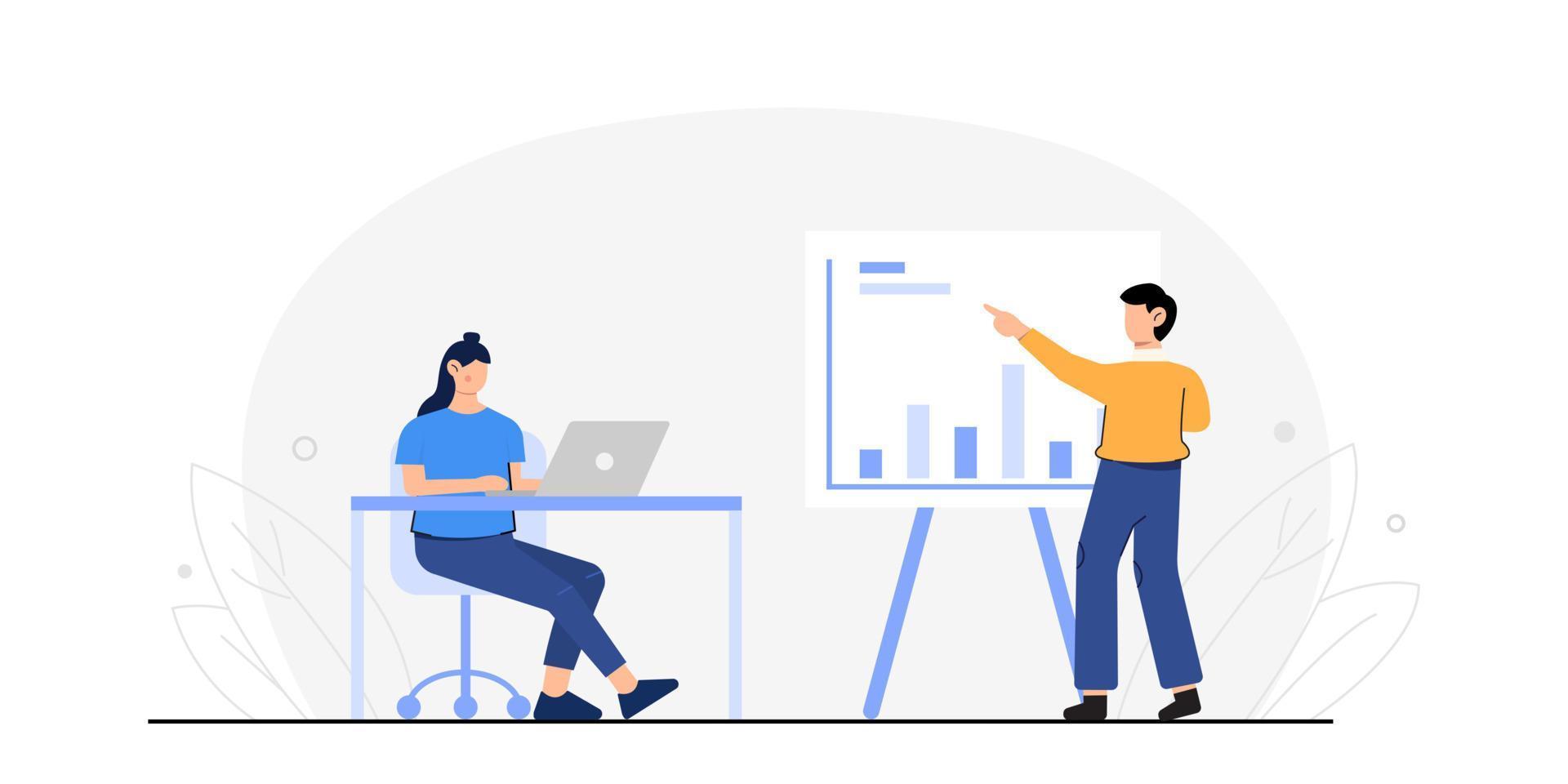 work flat design. flat design data analysis concept. A people working together with a statistic graph on a whiteboard. vector illustration.