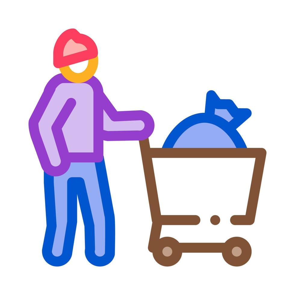 homeless with bag in shop cart icon vector outline illustration
