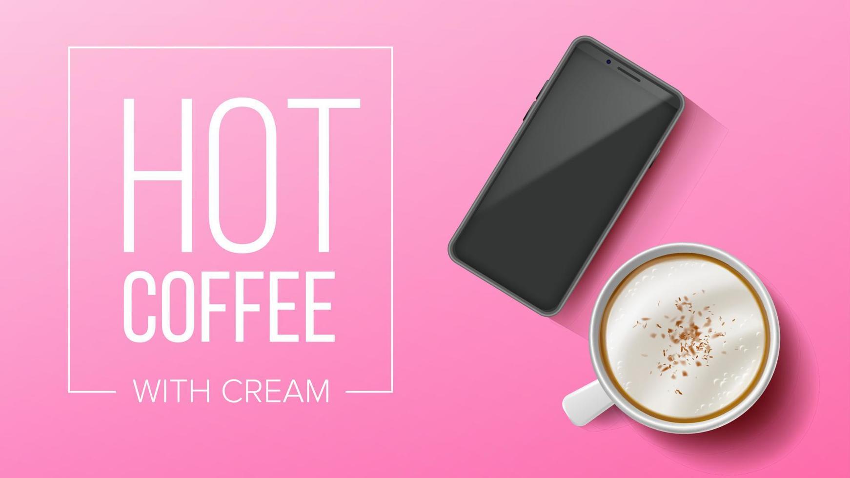 Cup Of Coffee And Mobile Vector. Pink Background Top View. Realistic Smartphone And White Coffee Mug. Caffeine Hot Drink. Illustration vector