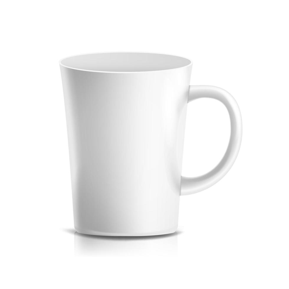 White Mug Vector. 3D Realistic Ceramic Coffee, Tea Cup Isolated On White. Classic Office Cup Mock Up With Handle Illustration. vector