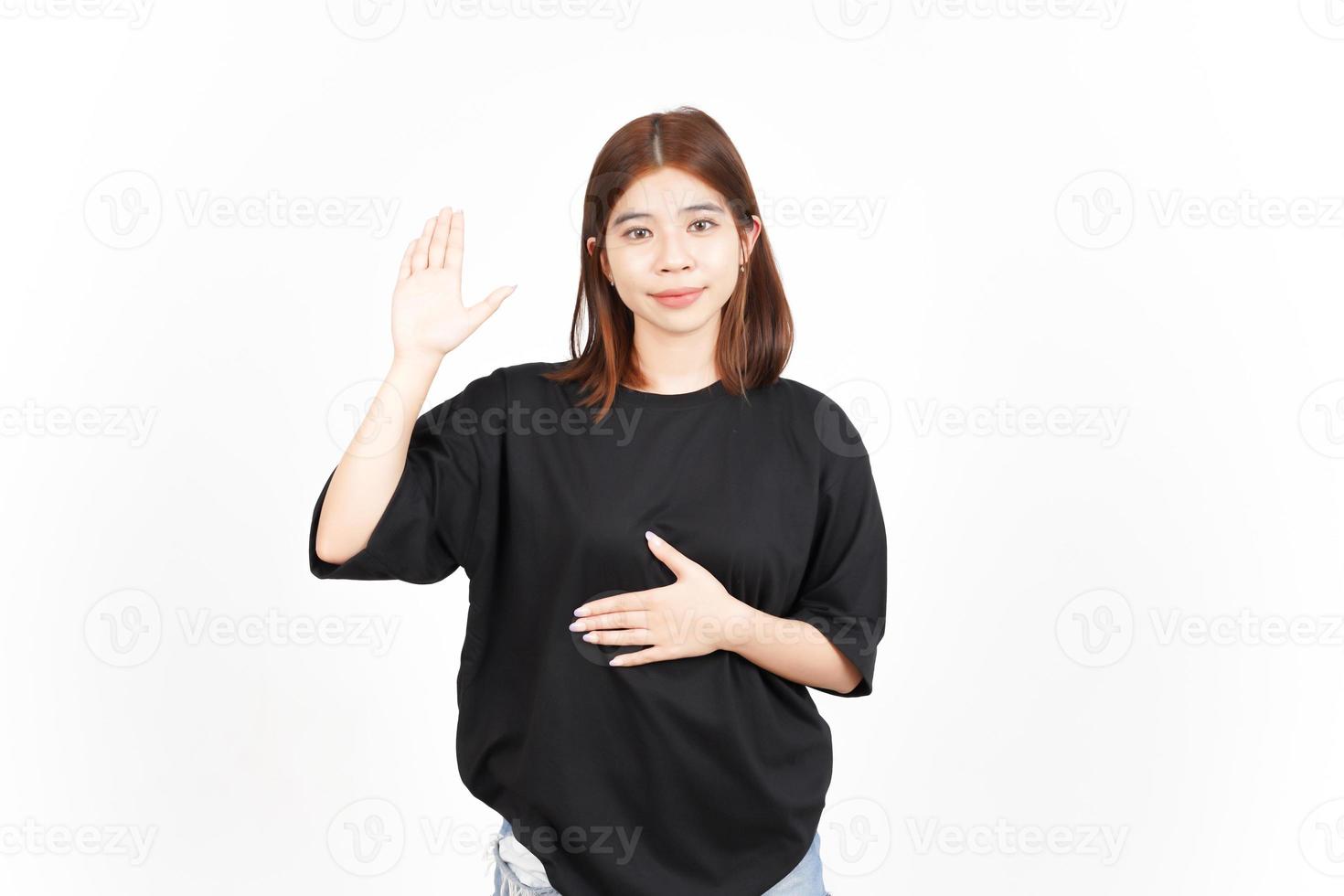 Swearing Gesture, Make an Oath of Beautiful Asian Woman Isolated On White Background photo