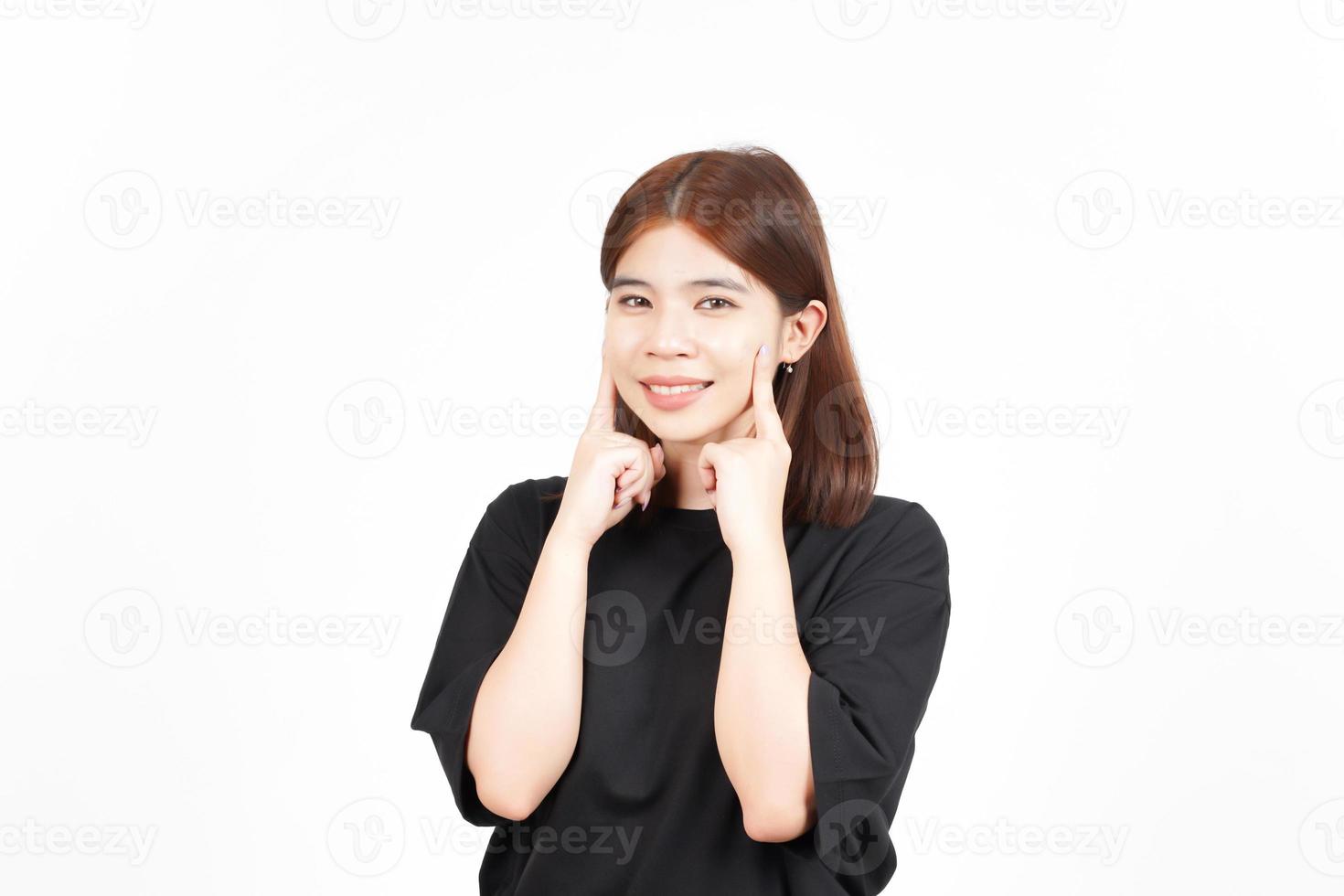 Smiling touch cheek and looking at camera Of Beautiful Asian Woman Isolated On White Background photo