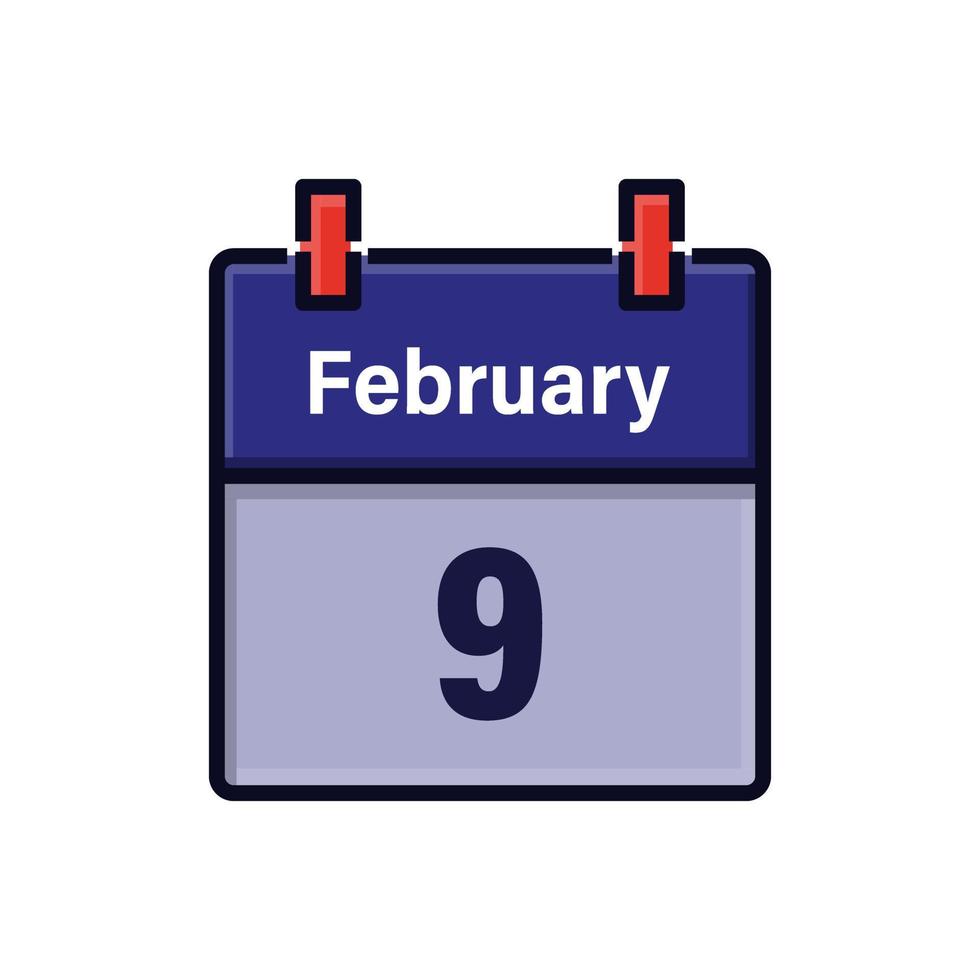 February 9, Calendar icon. Day, month. Meeting appointment time. Event schedule date. Flat vector illustration.