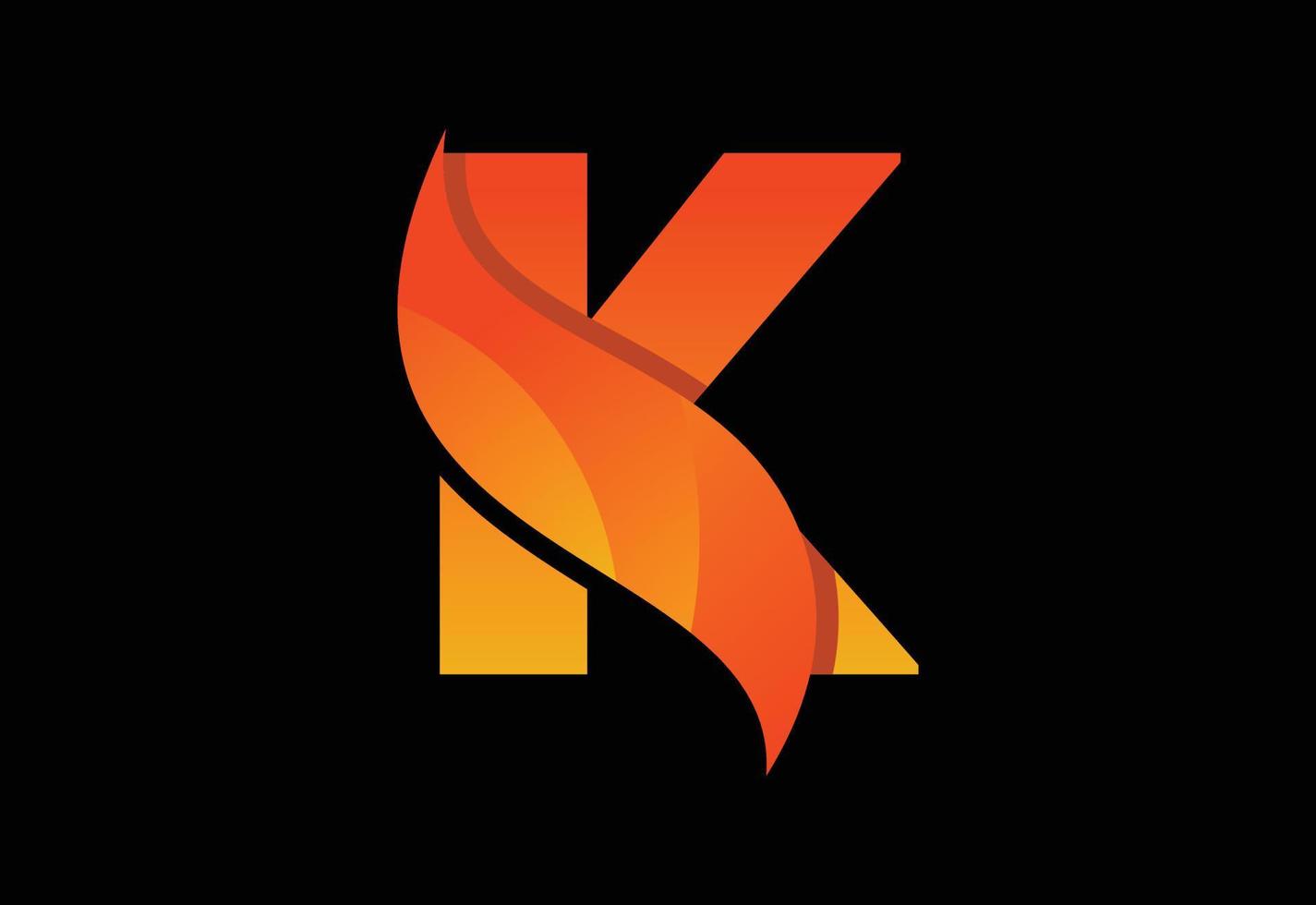 letra inicial del monograma k con un swoosh o una llama. llamas de fuego o ilustración vectorial de diseño swoosh vector