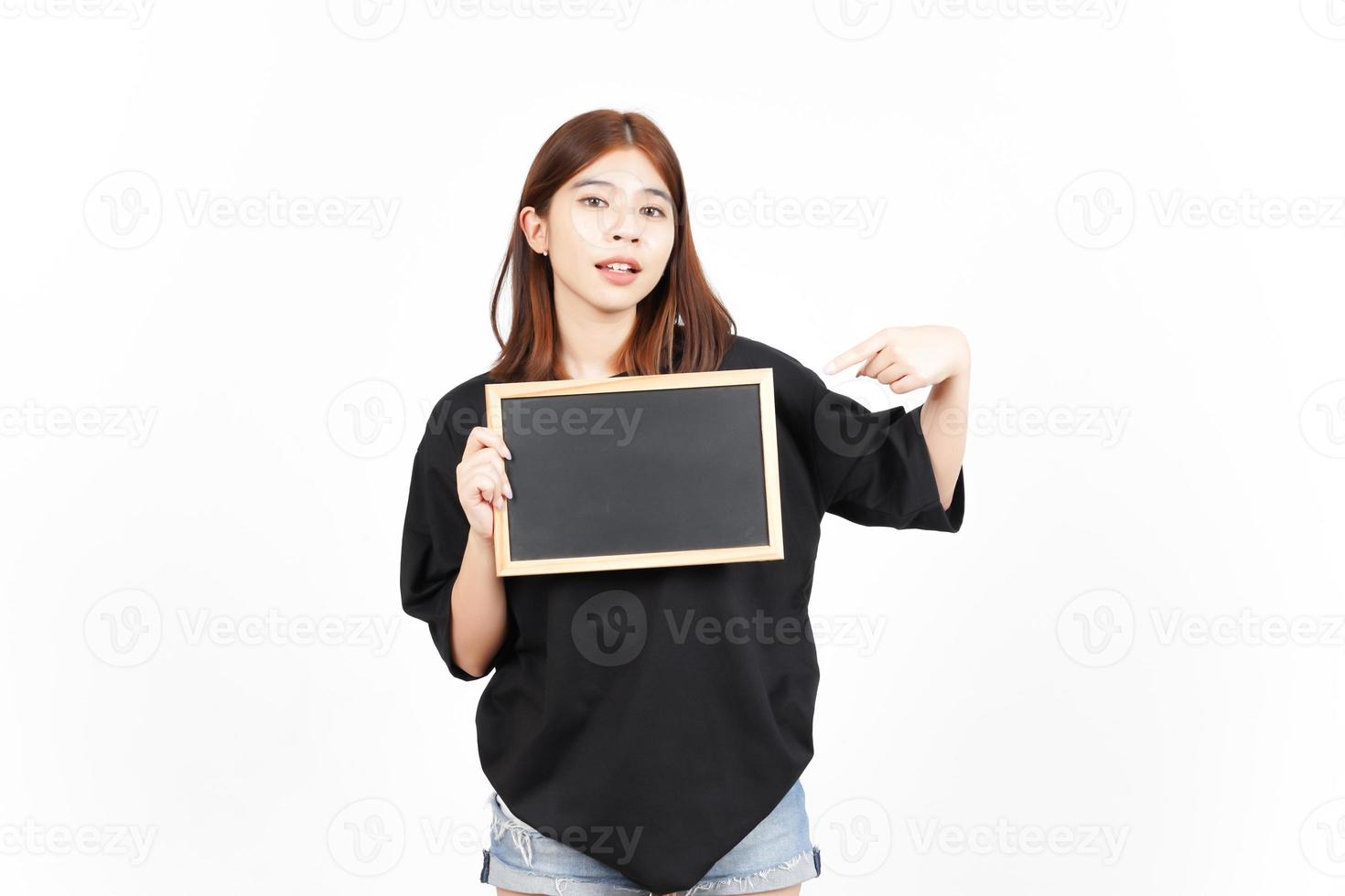 Showing, Presenting and holding Blank Blackboard Of Beautiful Asian Woman Isolated On White photo