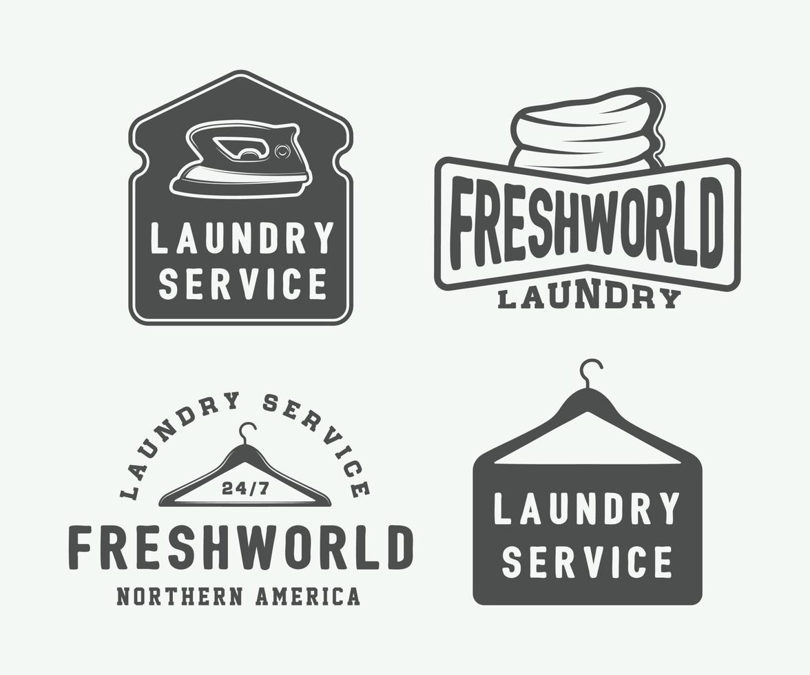 conjunto de logotipos, emblemas, insignias y elementos de diseño de lavandería, limpieza o servicio de planchado antiguos. arte gráfico monocromático. ilustración vectorial vector