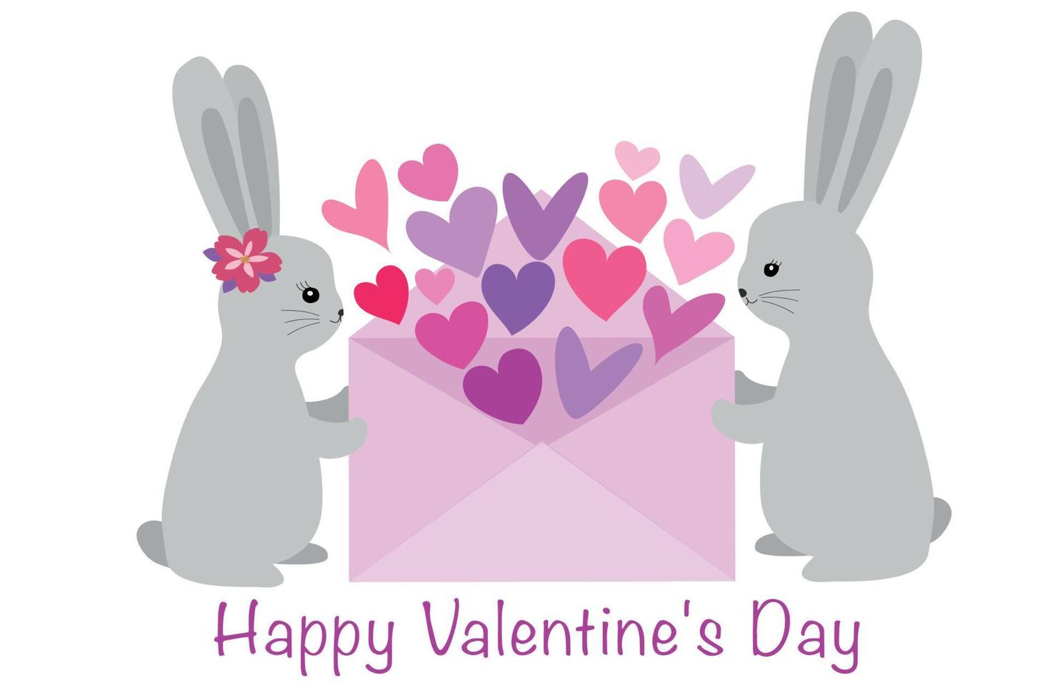 Cute rabbits are holding an envelope with hearts. Love concept. Vector illustration isolated on white background