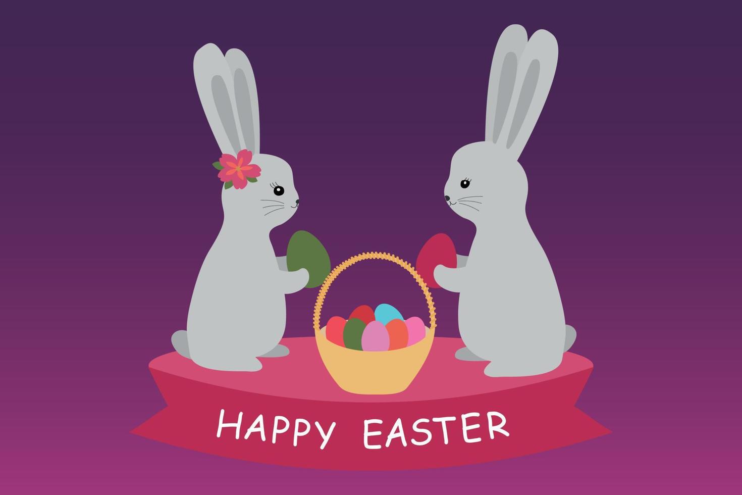 Happy easter card. Illustration with cute bunnies and eggs. Vector illustration isolated on pink background.