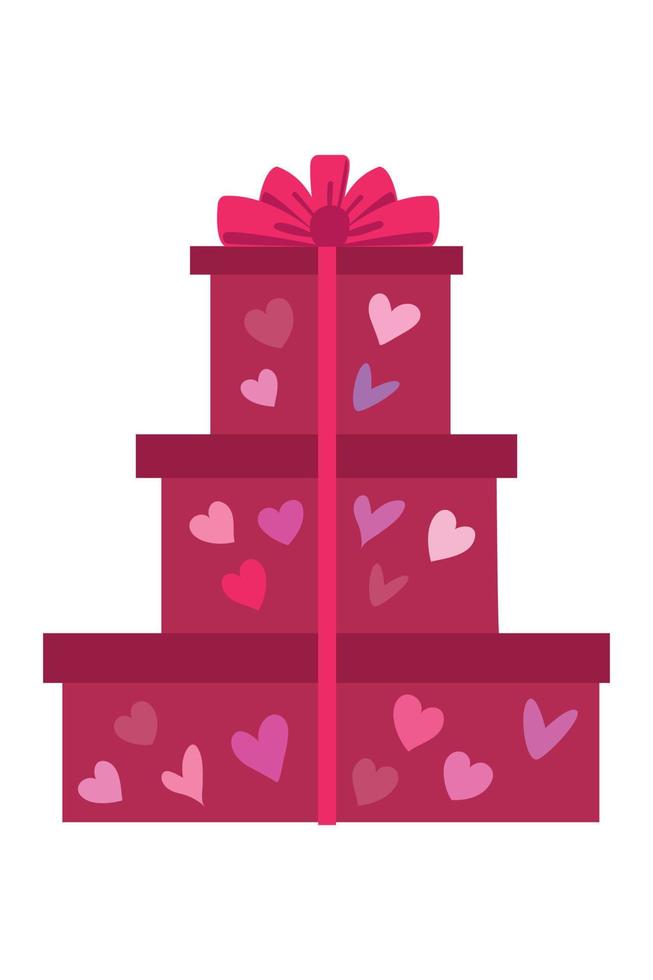 A set of gift boxes. A stack of Valentine's Day gifts. A stack of gift boxes with ribbon and bow. vector
