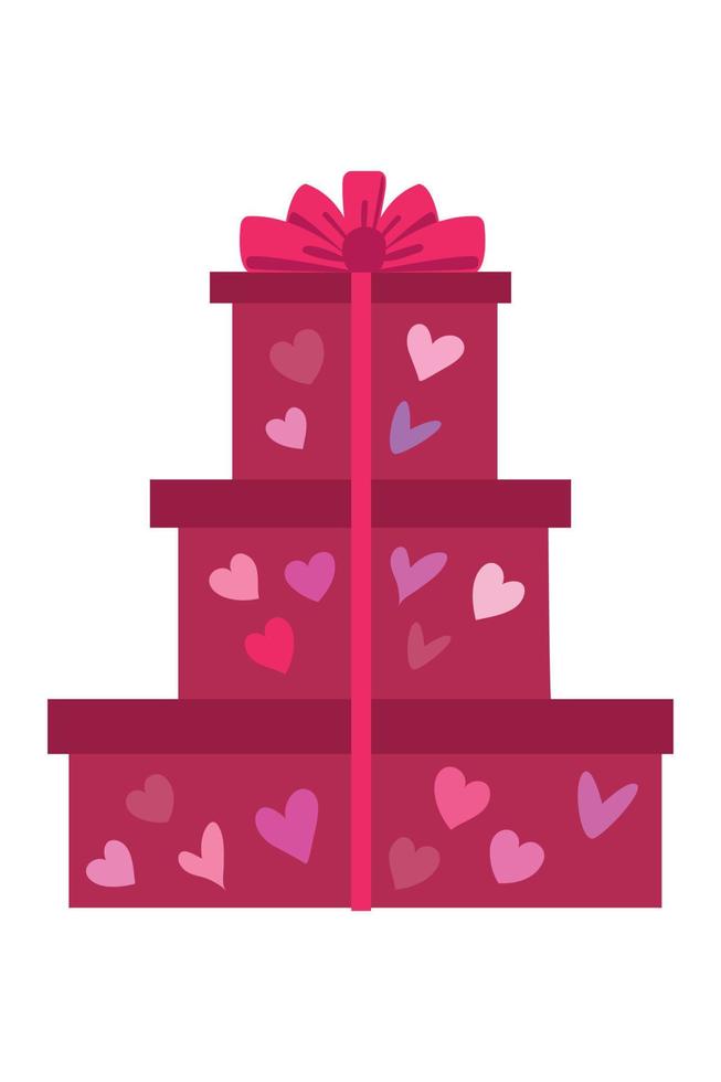 un conjunto de cajas de regalo. una pila de regalos de san valentín. una pila de cajas de regalo con cinta y lazo. vector