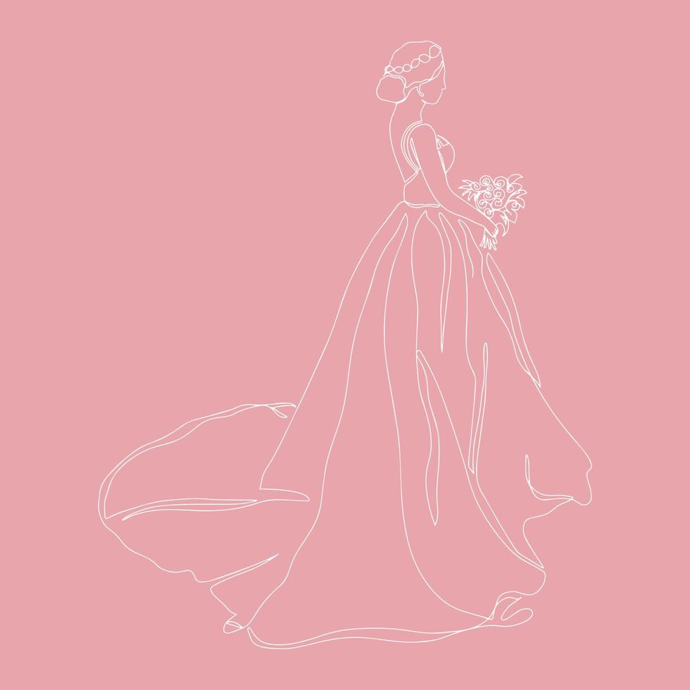 The bride holding the bouquet draws a continuous line.The silhouette of the bride in one line, side view, dressed in a wedding dress. vector