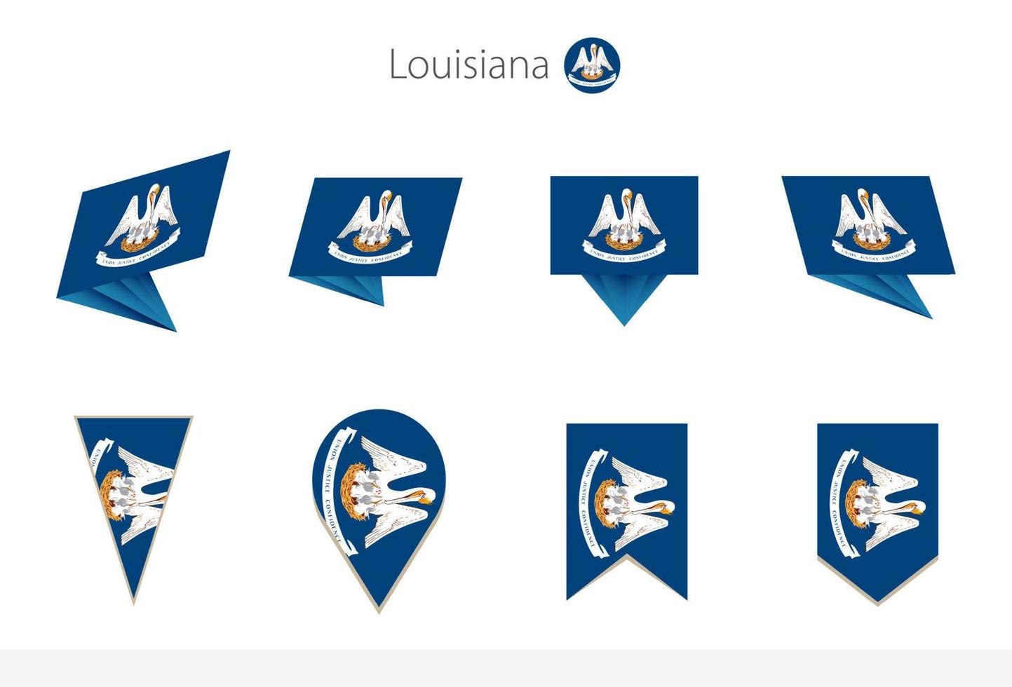 Louisiana US State flag collection, eight versions of Louisiana vector flags.