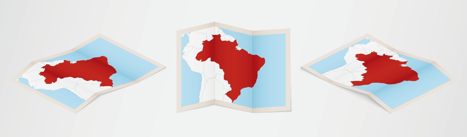 Folded map of Brazil in three different versions. vector