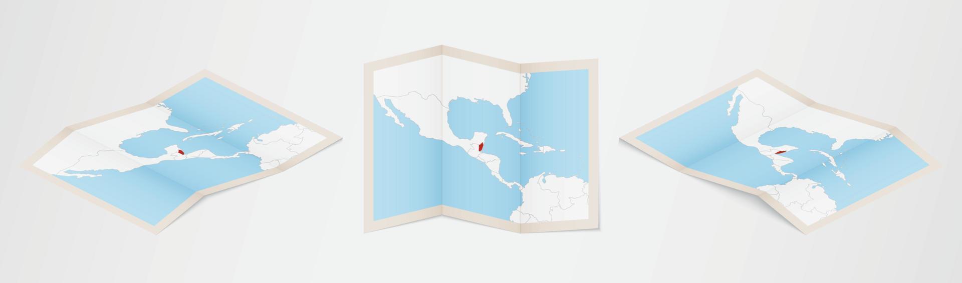 Folded map of Belize in three different versions. vector