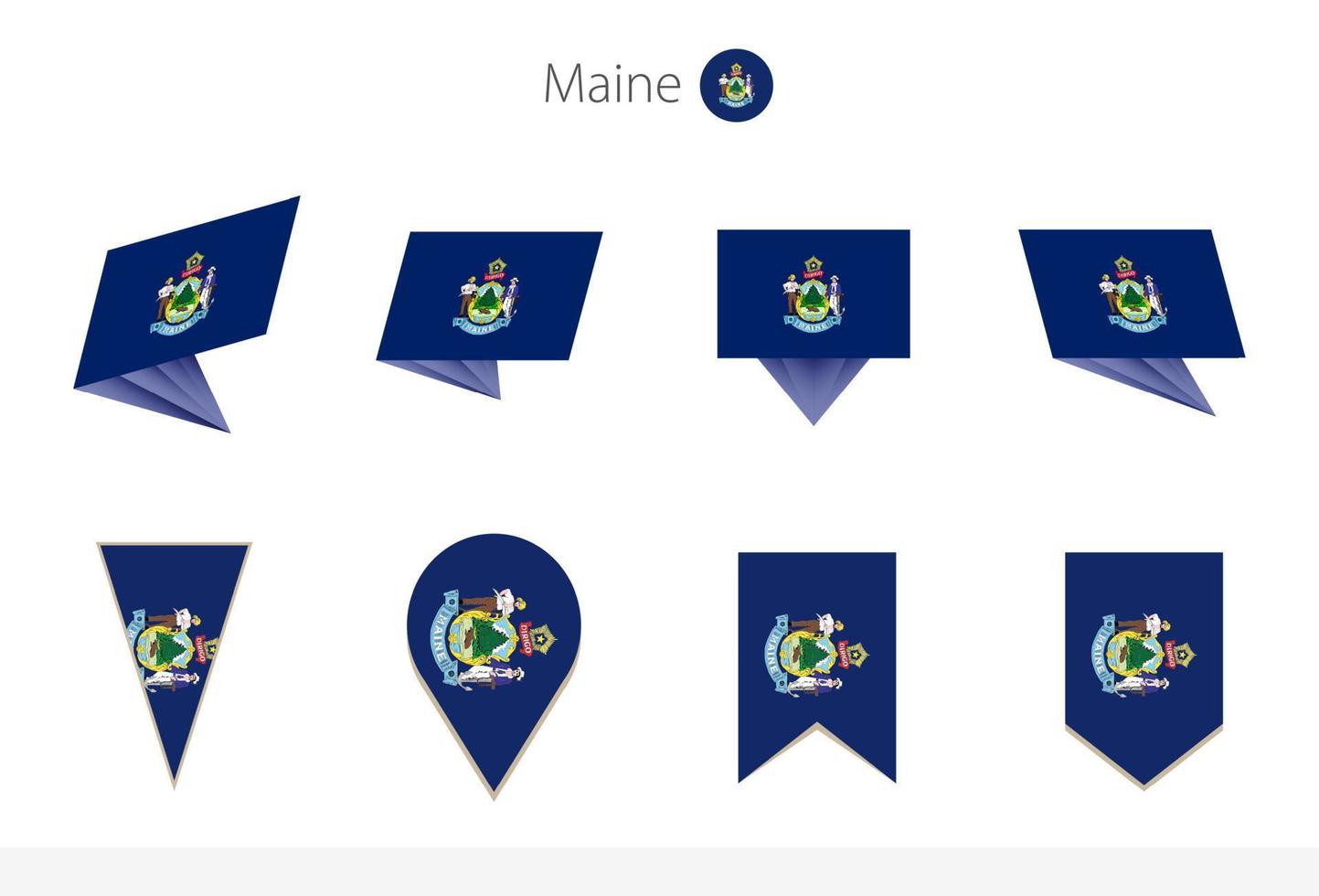 colección de banderas del estado de Maine, ocho versiones de banderas vectoriales de Maine. vector