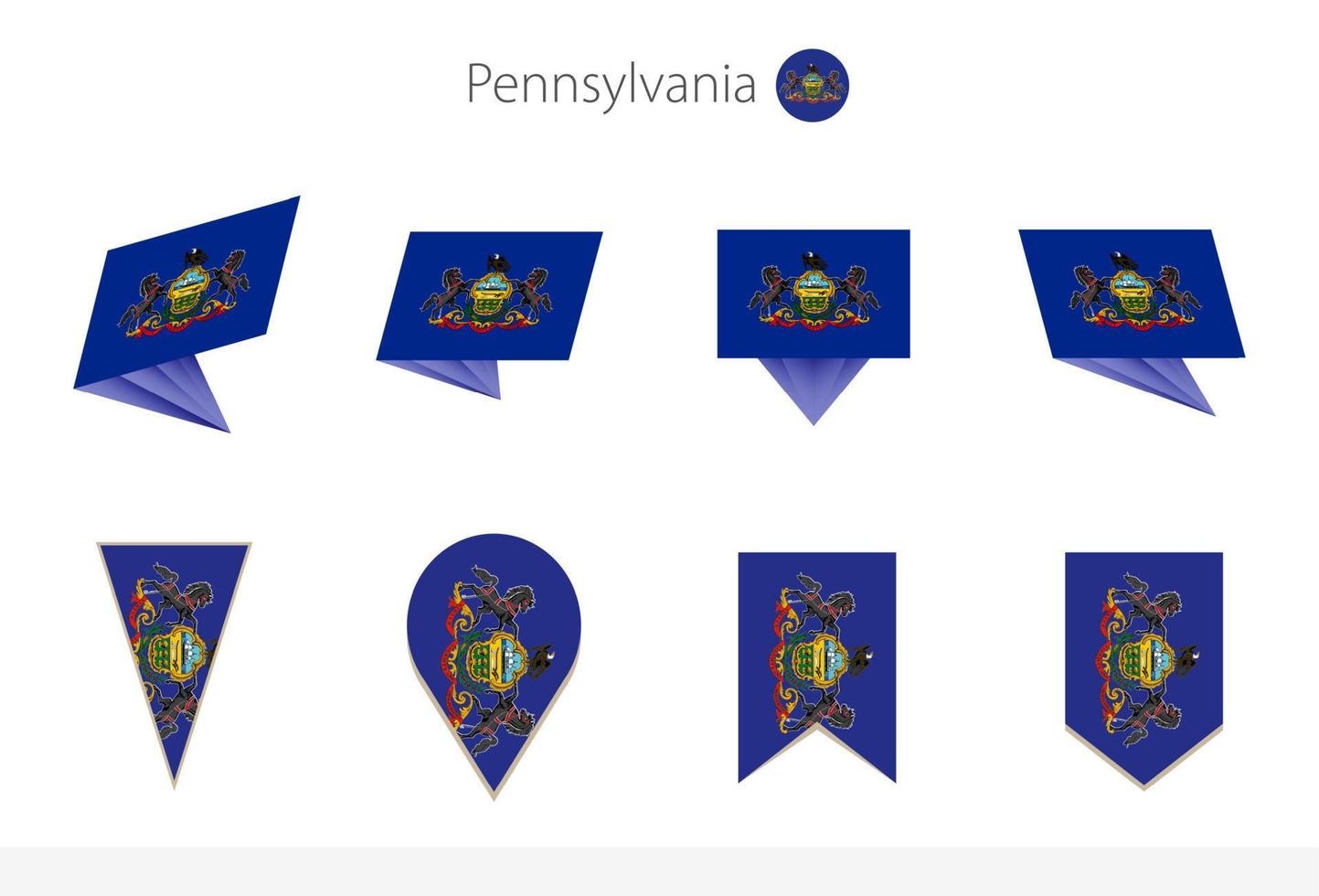 Pennsylvania US State flag collection, eight versions of Pennsylvania vector flags.