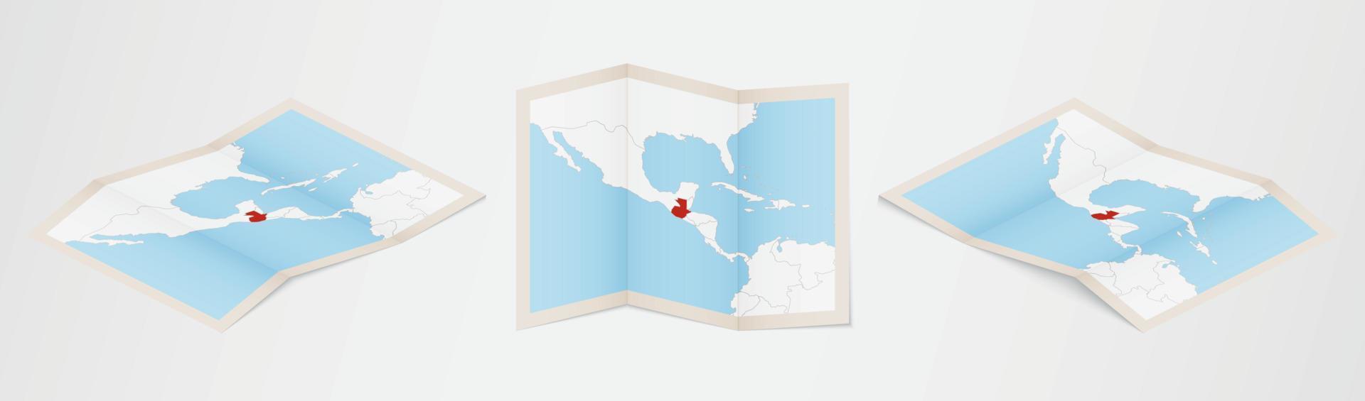 Folded map of Guatemala in three different versions. vector